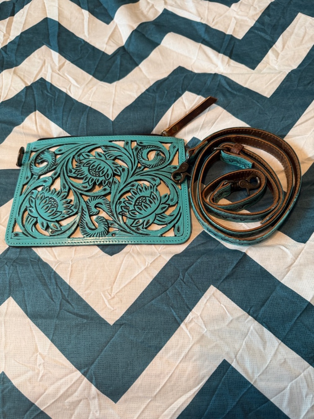 Turquoise Floral Cutout Leather Crossbody Bag